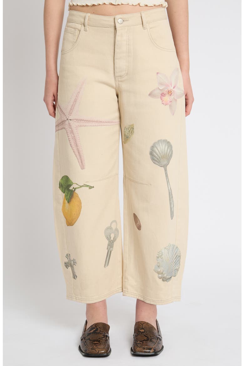 Printed High Waist Barrel Leg Jeans, Main, color, ECRU MULTI