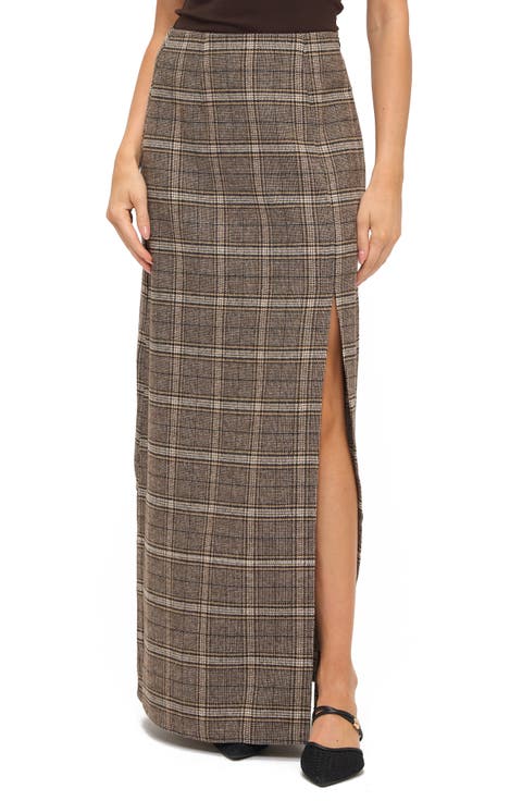 Plaid Front Slit Maxi Skirt