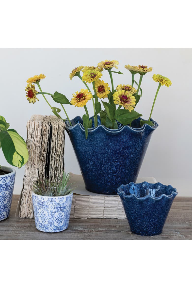 Stoneware Planter with Ruffled Edge and Drainage Hole with Reactive Glaze, Blue, Alternate, color, Blue