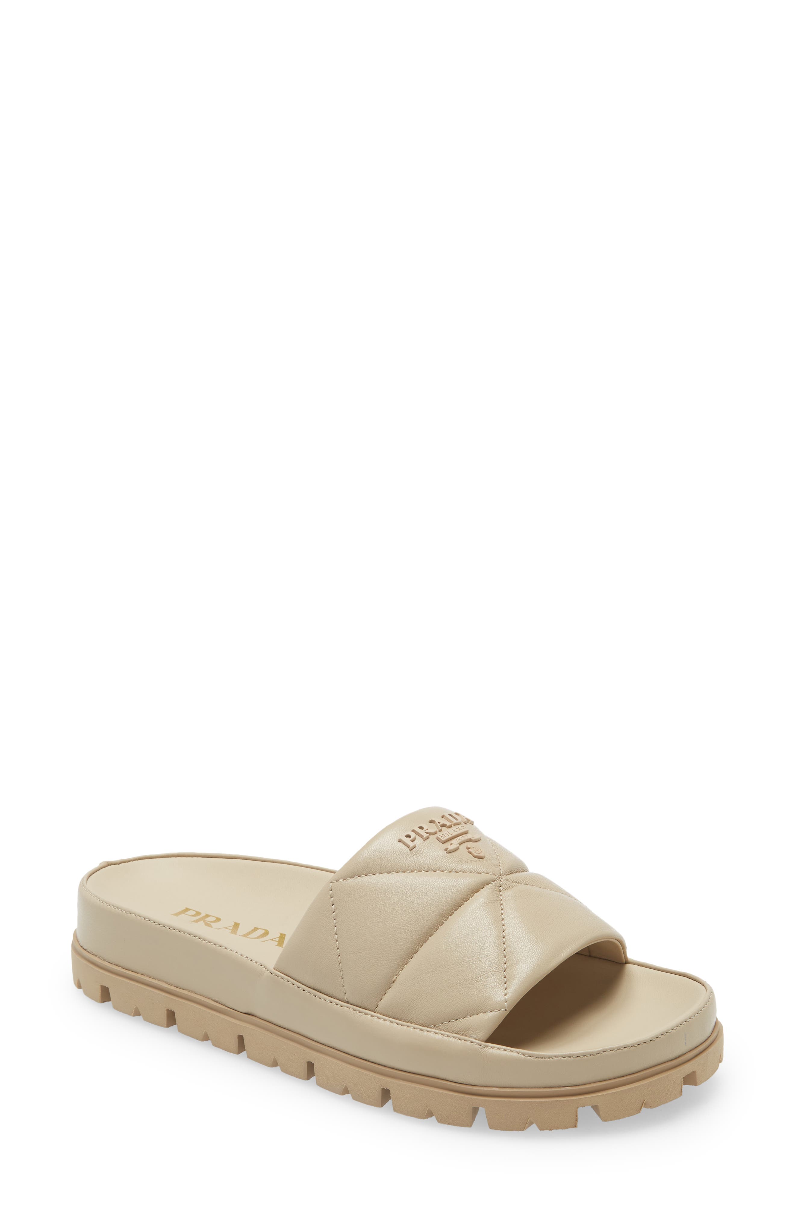 Prada Logo Matelassé Slide Sandal, Main, color, 
