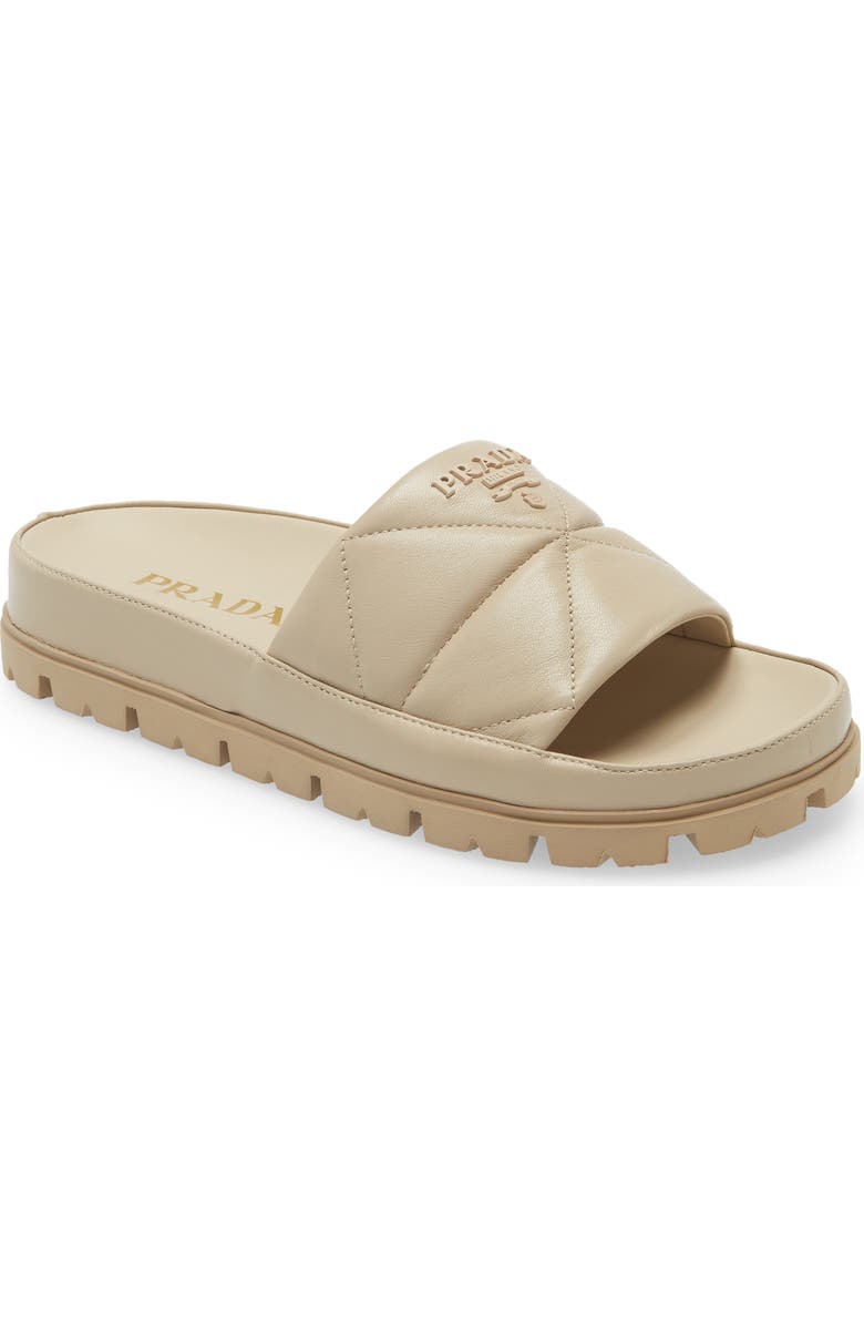 Prada Logo Matelassé Slide Sandal, Main, color,