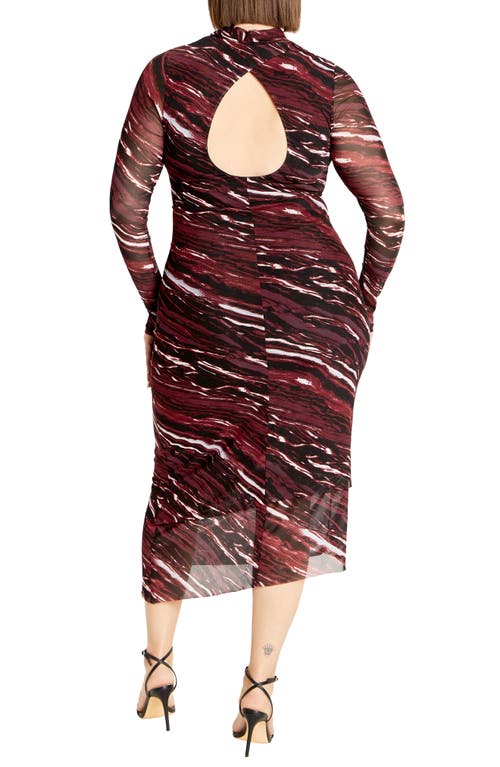 City Chic Zariyah Print Long Sleeve Body-con Midi Dress In Brown