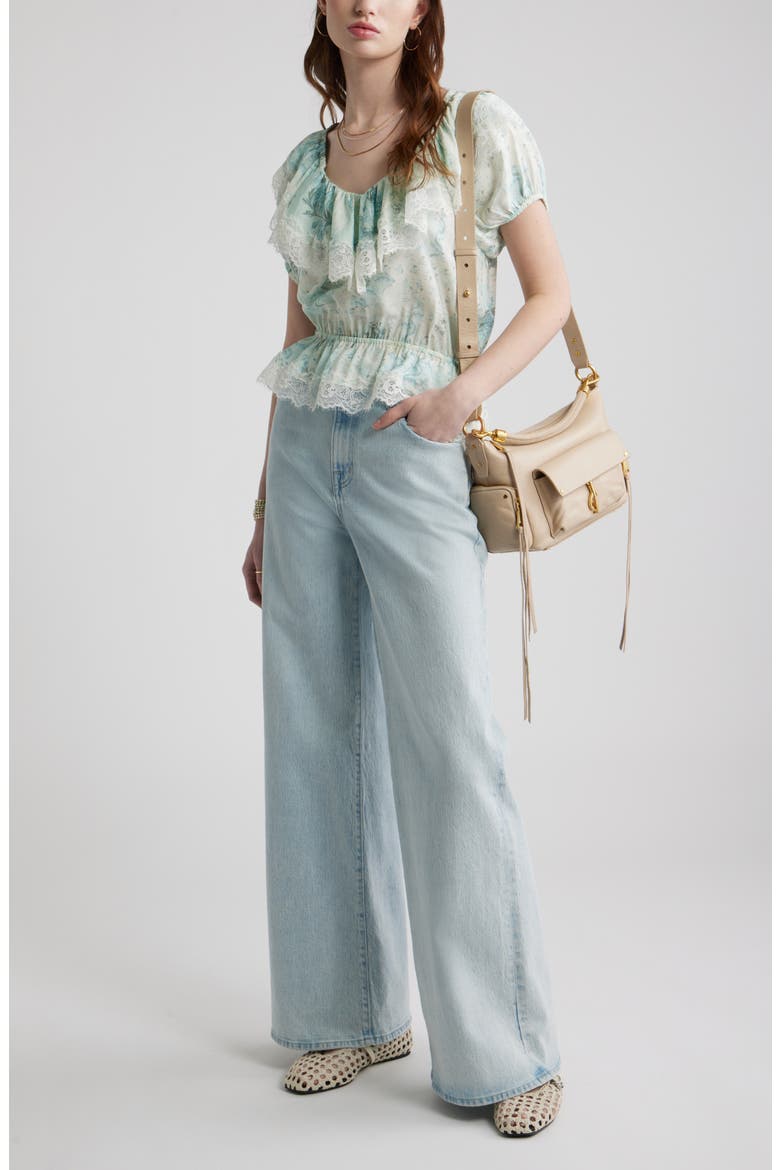 Lace Trim Puff Sleeve Peplum Top, Alternate, color, BLUE WALLPAPER COLLAGE
