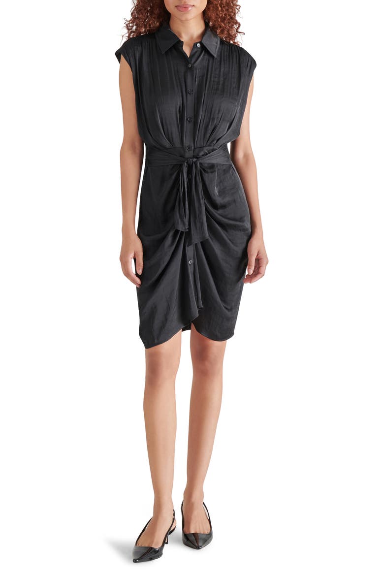 Toria Tie Front Washed Satin Shirtdress, Main, color, BLACK