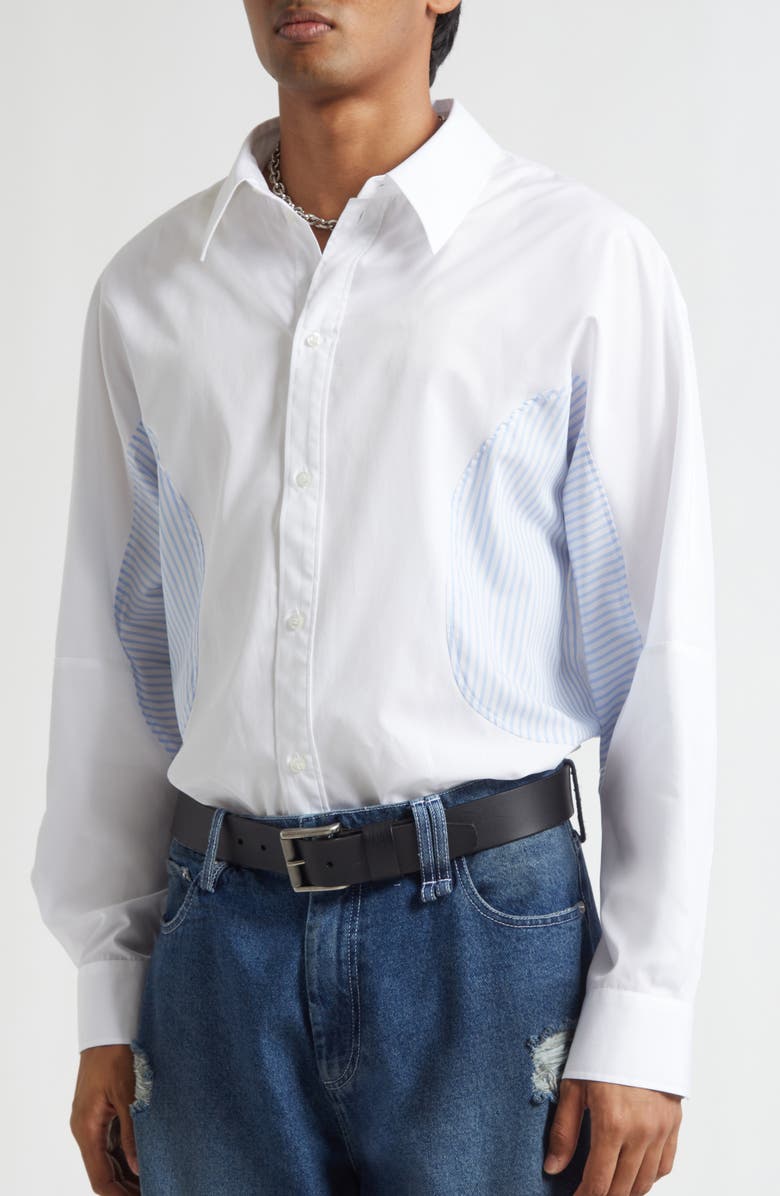 Simone Rocha Relaxed Fit Patchwork Egg Cotton Poplin Button-Up Shirt, Alternate, color, White/ Blue Stripe