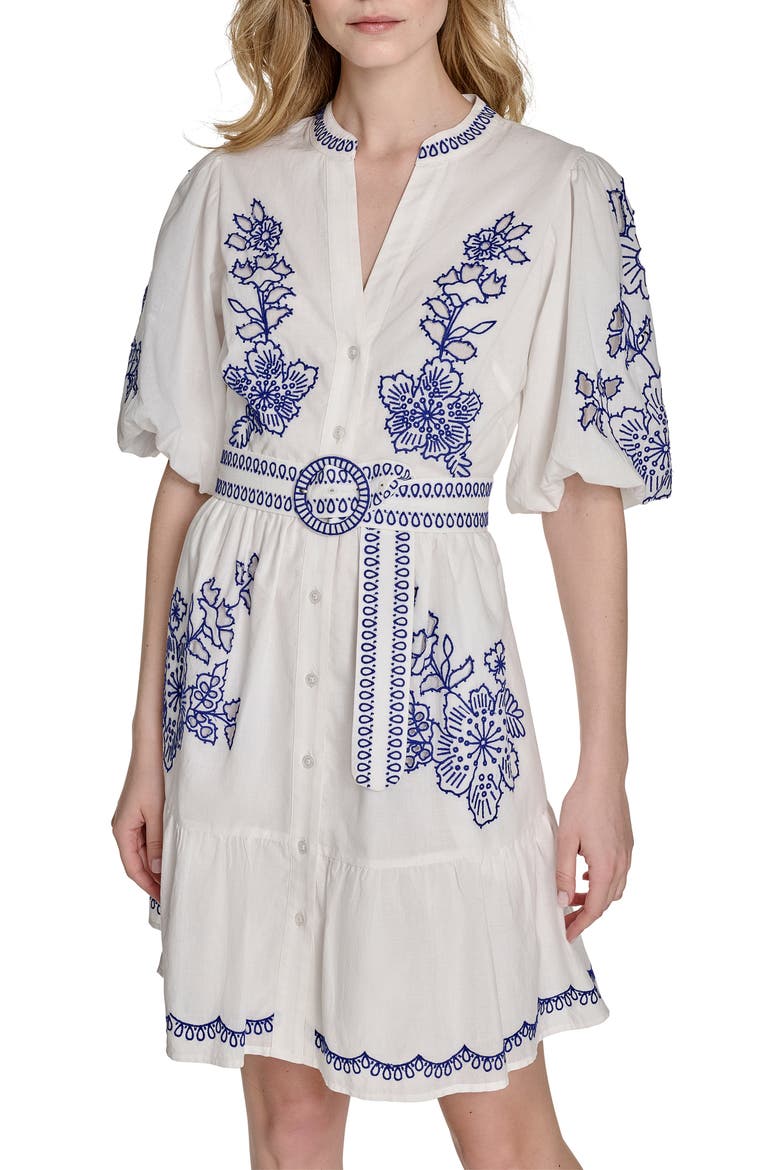 Embroidered Puff Sleeve Cotton Shirtdress, Alternate, color, IYE