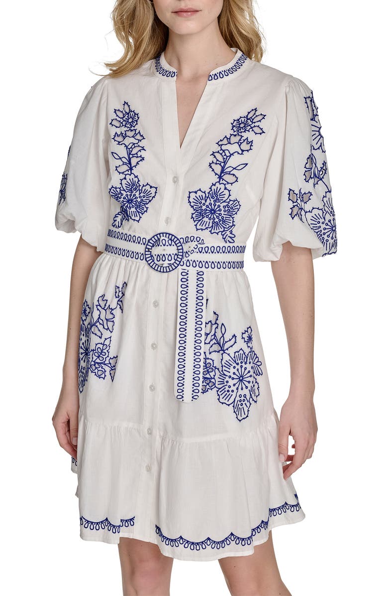 Eliza J Embroidered Puff Sleeve Cotton Shirtdress, Alternate, color,