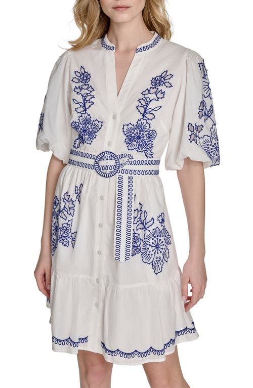 Eliza J Petite Embroidered Belted Button-front Cotton Dress In Blue
