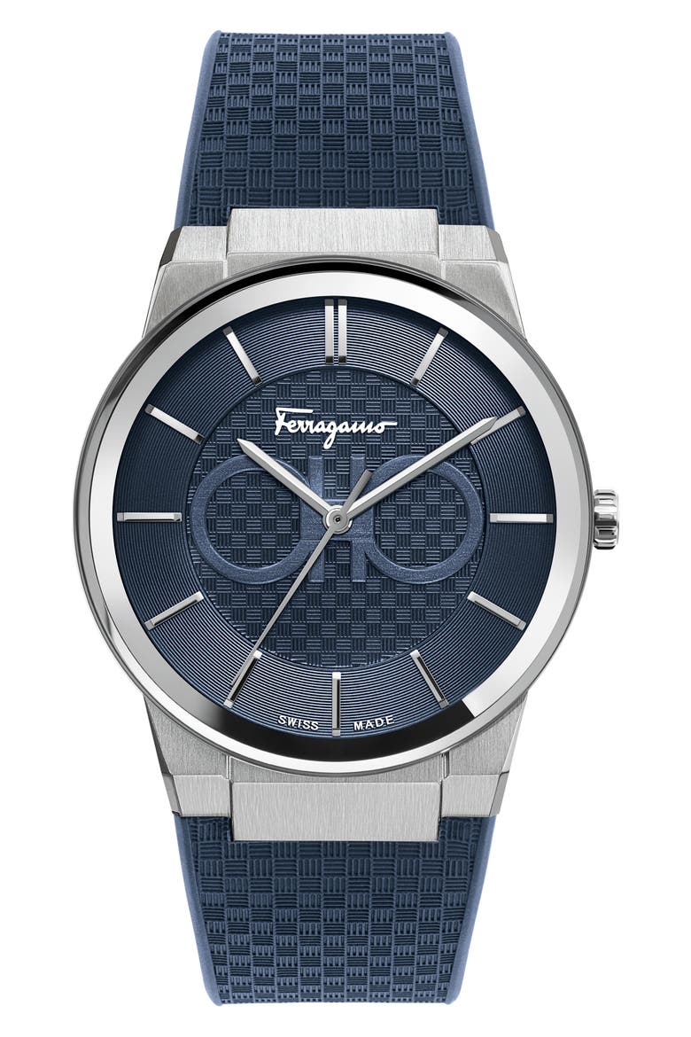 Salvatore Ferragamo Sapphire Rubber Strap Watch, 41mm, Main, color, STSTL