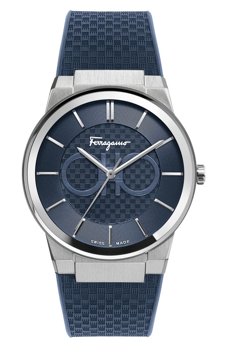 FERRAGAMO Salvatore Ferragamo Sapphire Rubber Strap Watch, 41mm, Main, color, Blue/ Silver