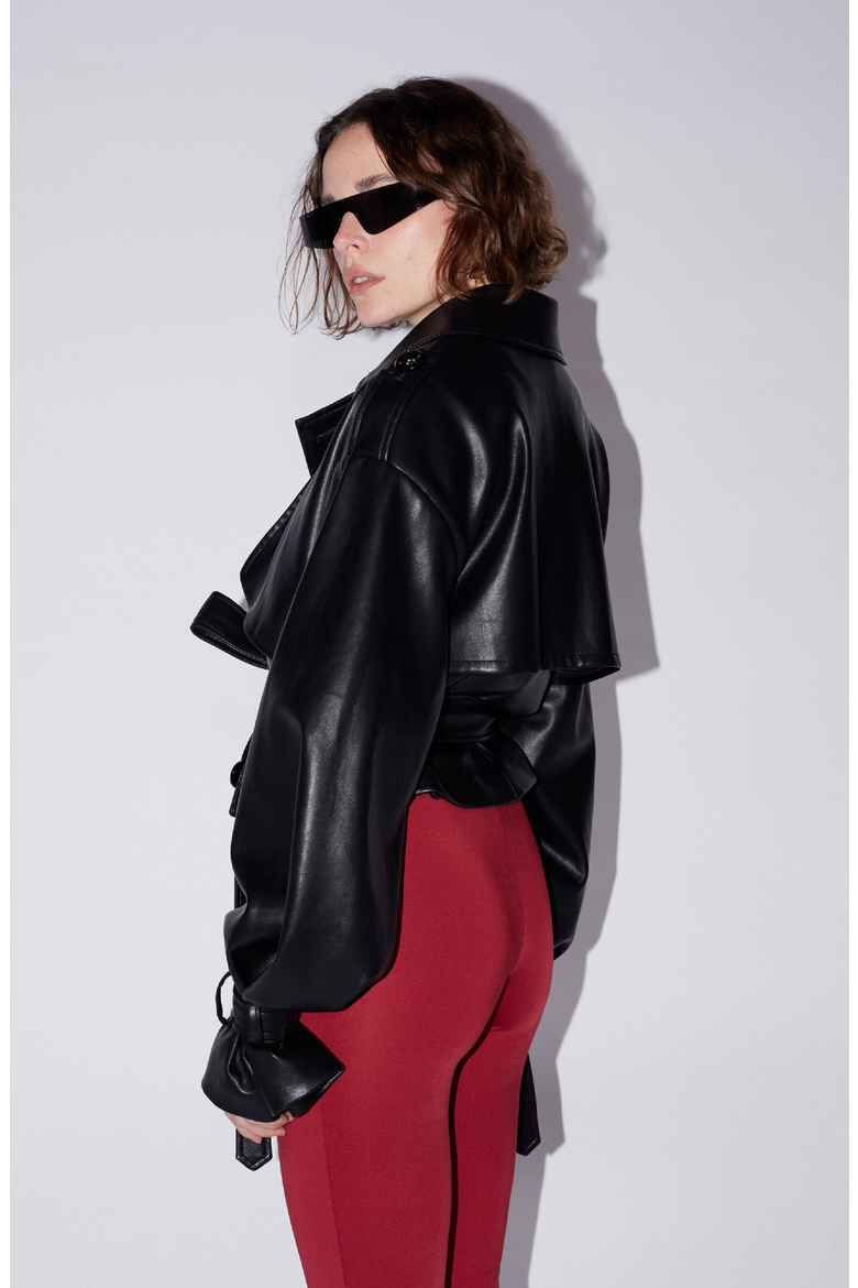 Cropped PU Trench Jacket, Alternate, color, Black
