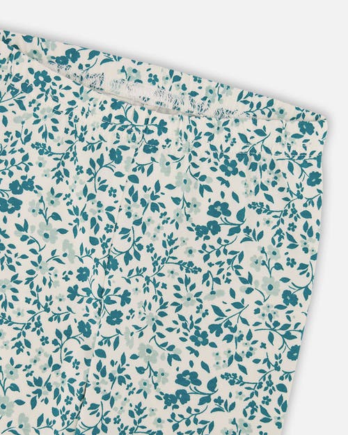 Deux Par Deux Little Girl's Printed Organic Cotton Legging Small Turquoise Flowers In Small Turquoise Flowers