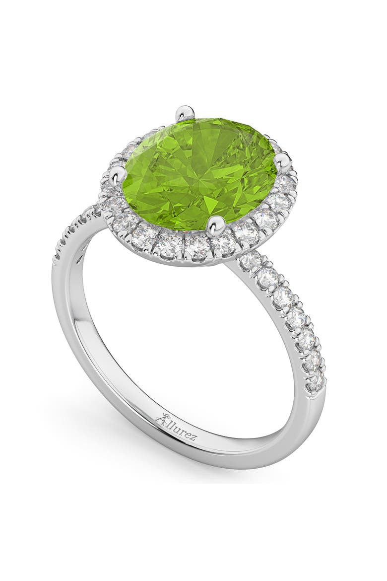 Oval Cut Halo Peridot & Diamond Engagement Ring 14K, Alternate, color, 3.01ct/White Gold
