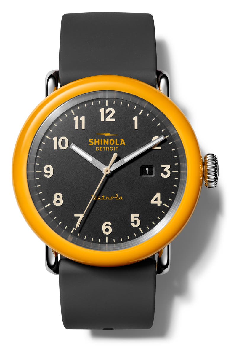 Detrola No.2 Silicone Strap Watch, 43mm, Main, color, BLACK/ ORANGE/ SILVER