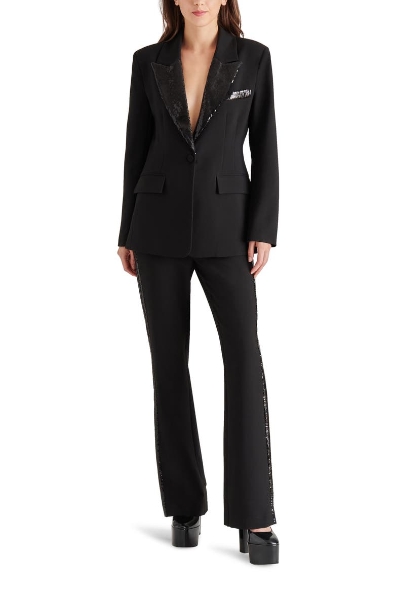 Misha Sequin Trim Satin Blazer, Alternate, color, BLACK