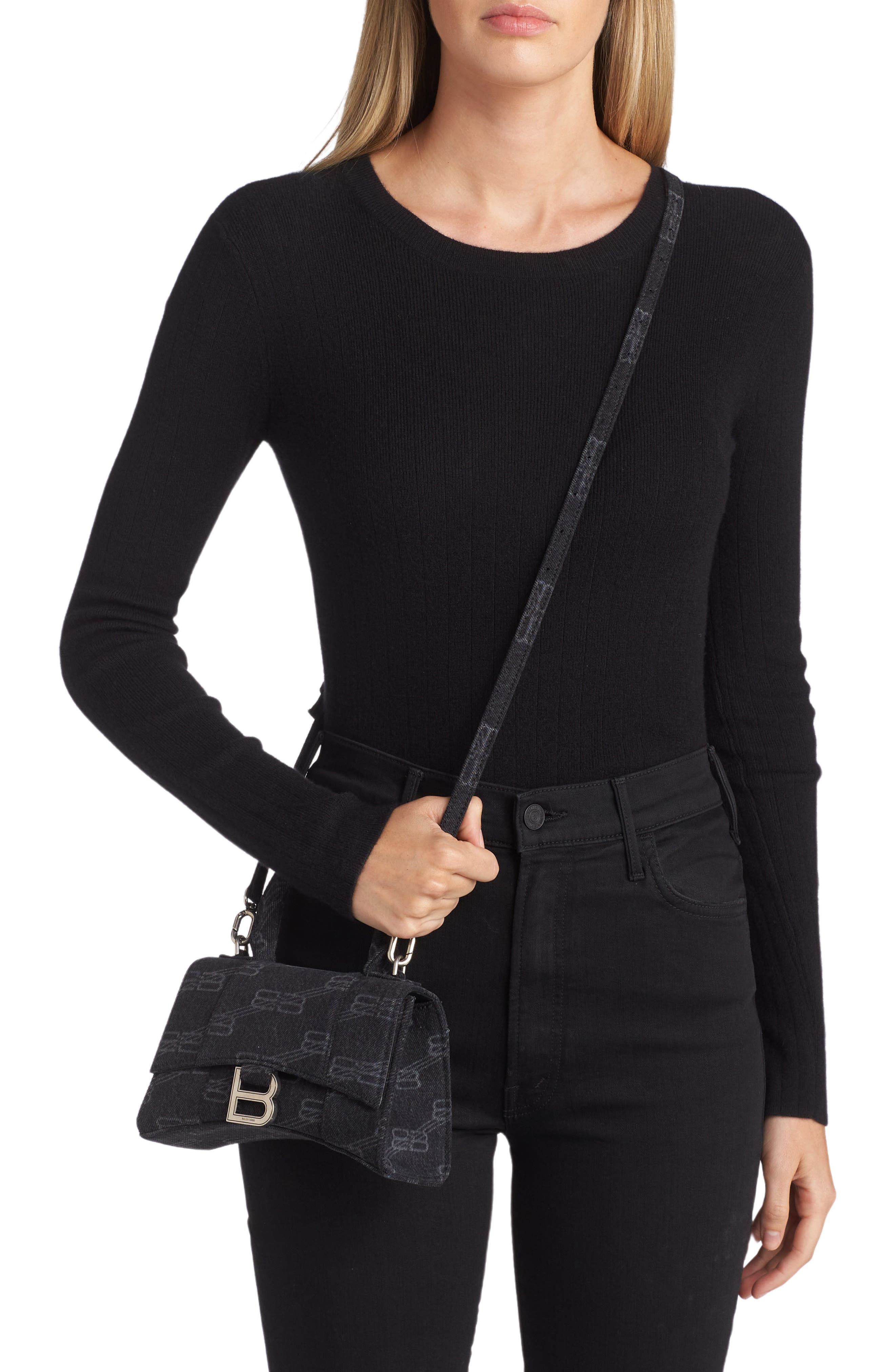 Balenciaga Extra Small Denim Logo Hourglass Top Handle Bag, Alternate, color, 