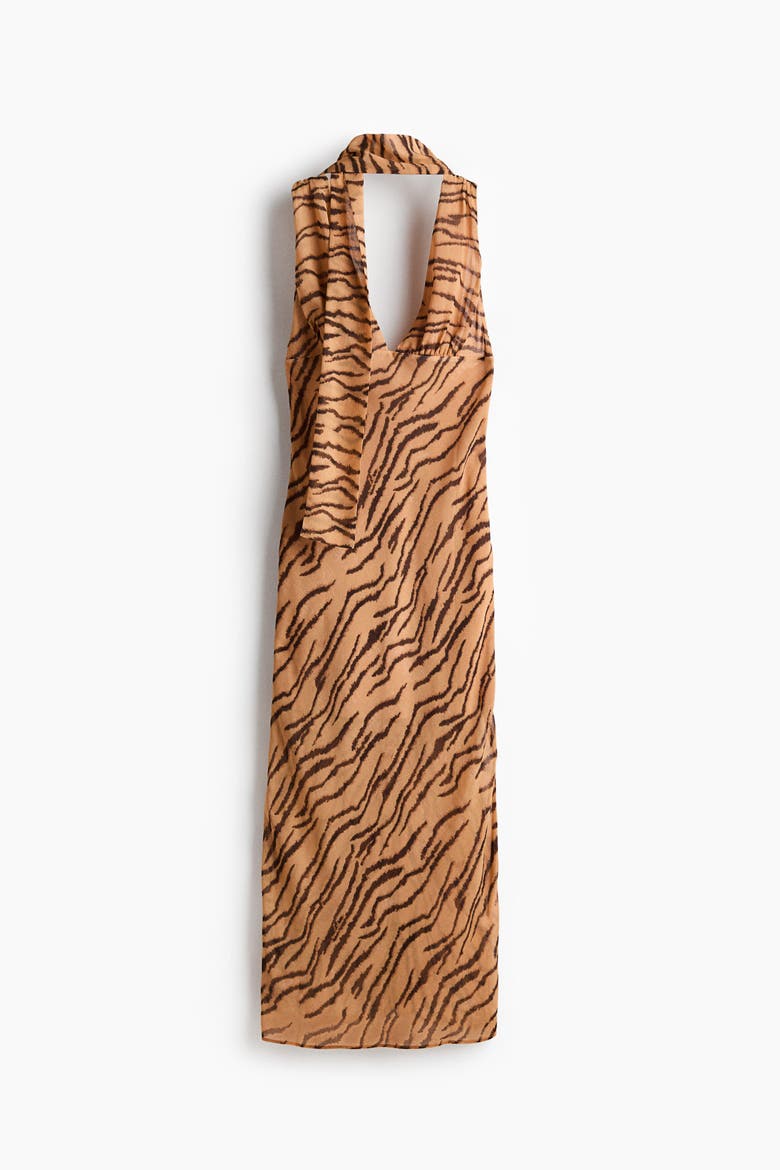 Scarf-collar Midi Dress, Alternate, color, Beige/tiger stripes