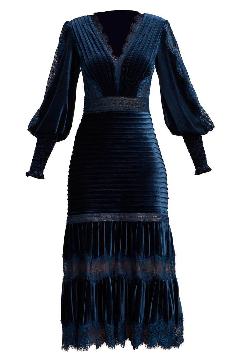 Avalon Pleated Velvet Cocktail Midi Dress, Alternate, color, NAVY