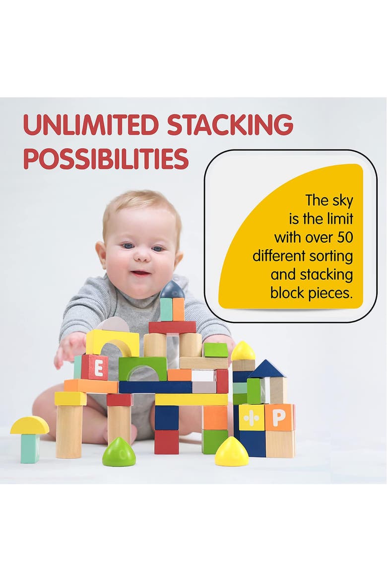 Count and Spell Block Set, 50-Piece Wooden Number and Letter Stacking Toy Kit for Ages 12-Months+, Alternate, color, Yellow
