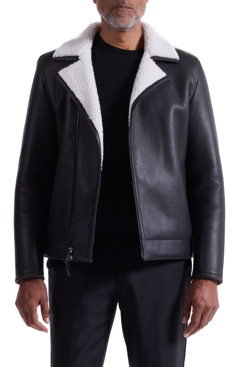 Bugatchi Genuine Shearling Biker Jacket, Main, color, Black