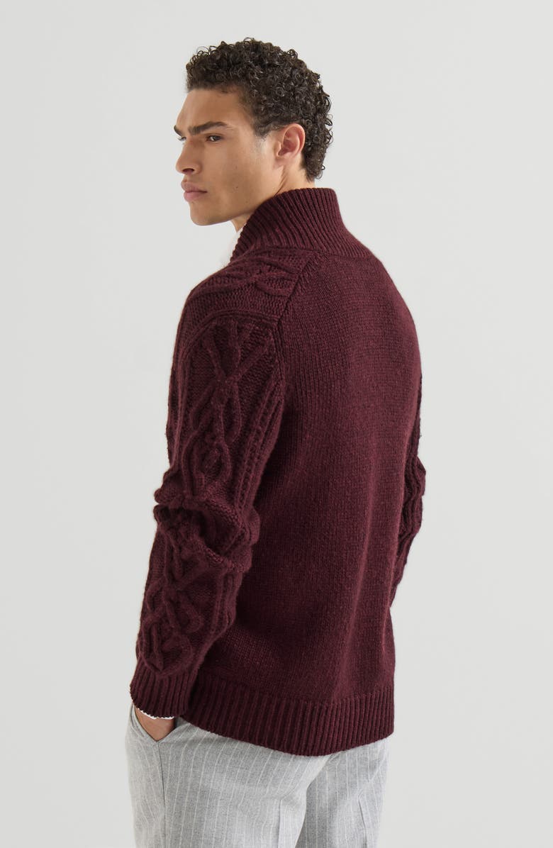 Brunello Cucinelli Cashmere Feather yarn cable knit cardigan with metal buttons, Alternate, color, Burgundy