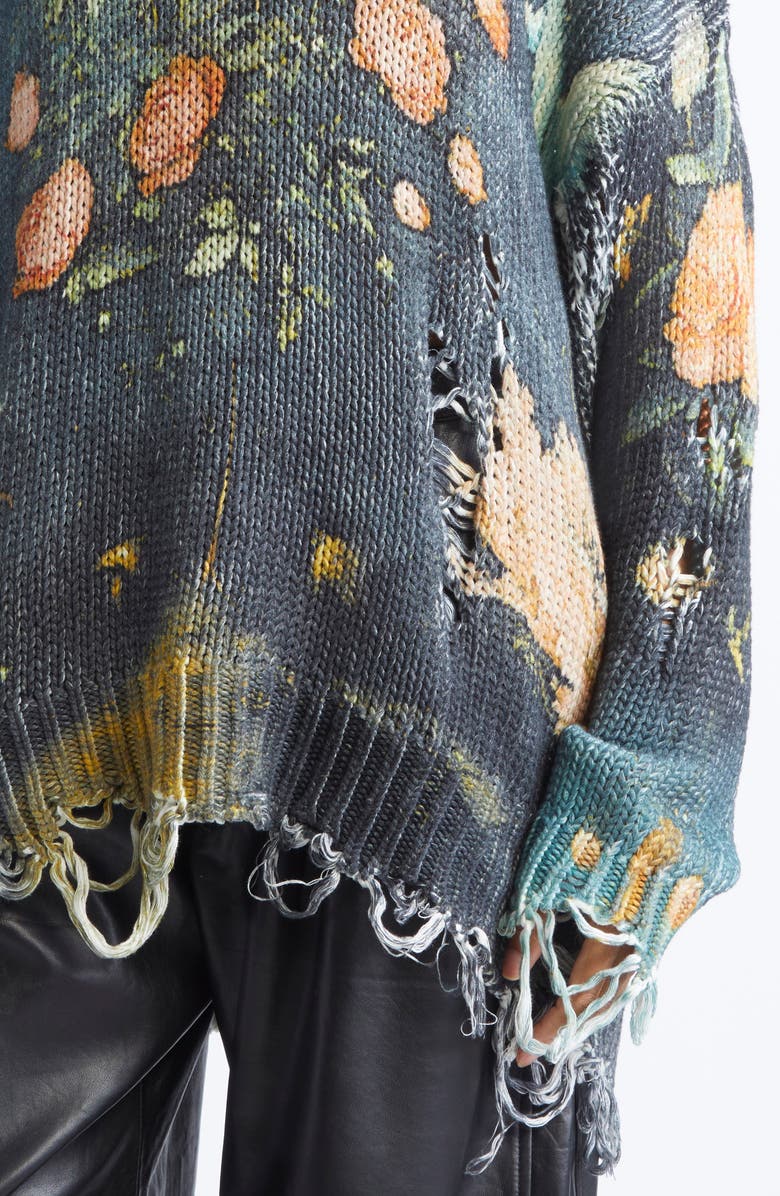 R13 Distressed Oversize Floral Cashmere Boyfriend Sweater, Alternate, color, Multicolor Black