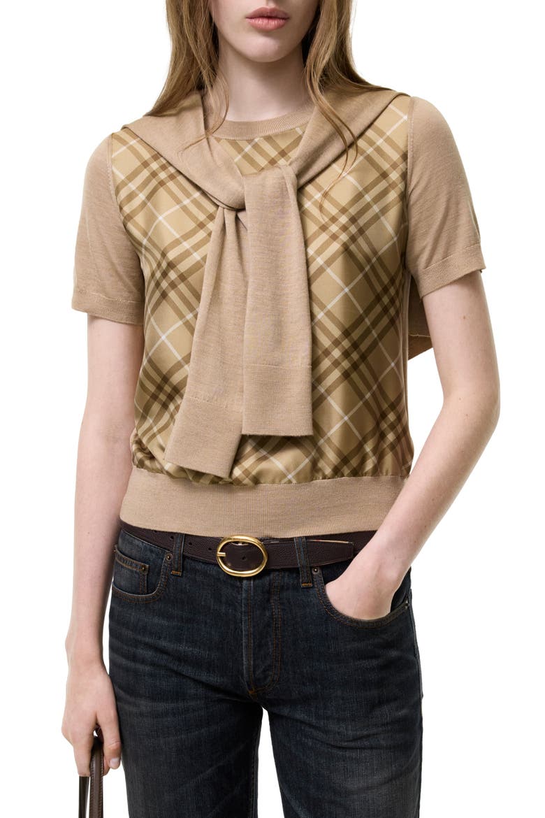Sandrina Scarf Front Short Sleeve Wool & Silk Crewneck Sweater, Main, color, CAMEL