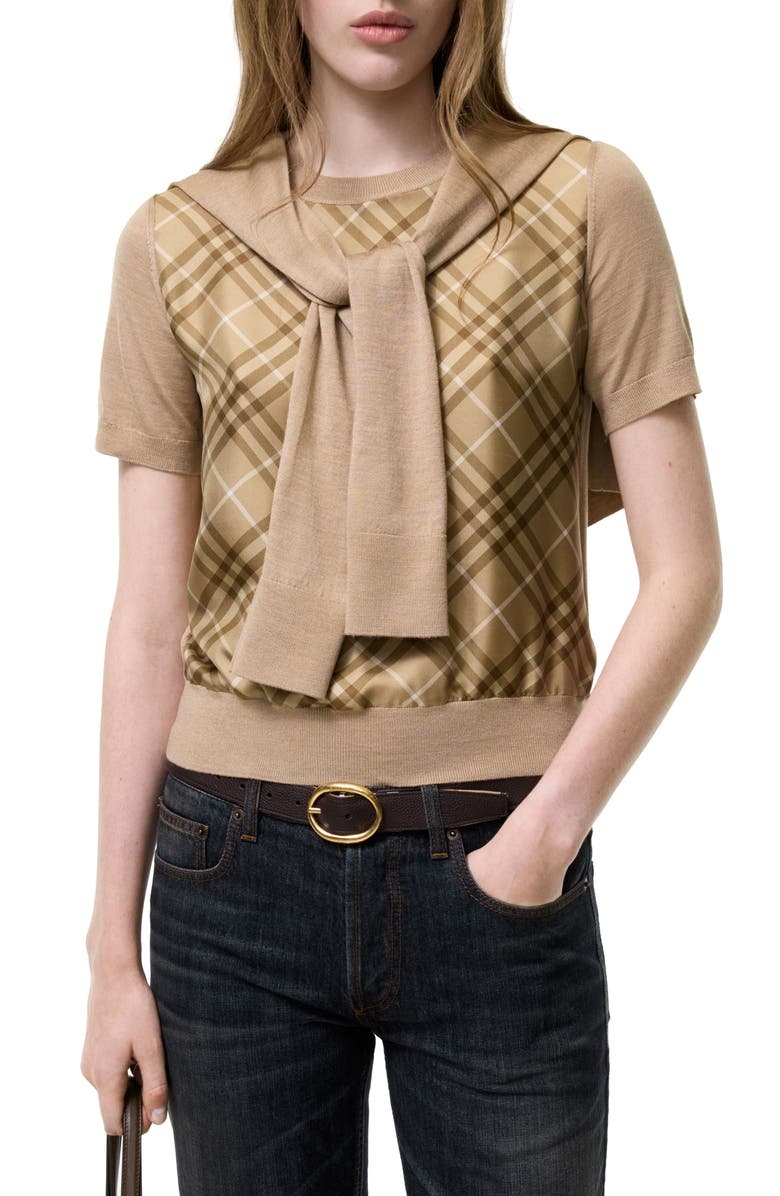 Burberry Sandrina Scarf Front Short Sleeve Wool & Silk Crewneck Sweater, Main, color, Camel