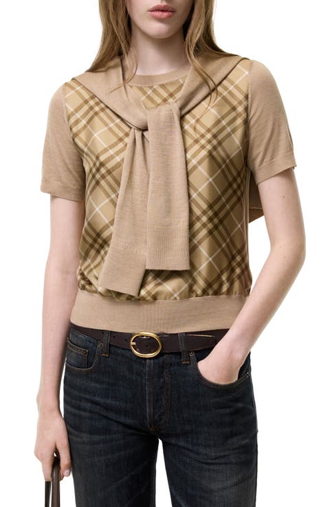 Sandrina Scarf Front Short Sleeve Wool & Silk Crewneck Sweater