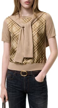 Burberry Sandrina Scarf Front Short Sleeve Wool & Silk Crewneck Sweater