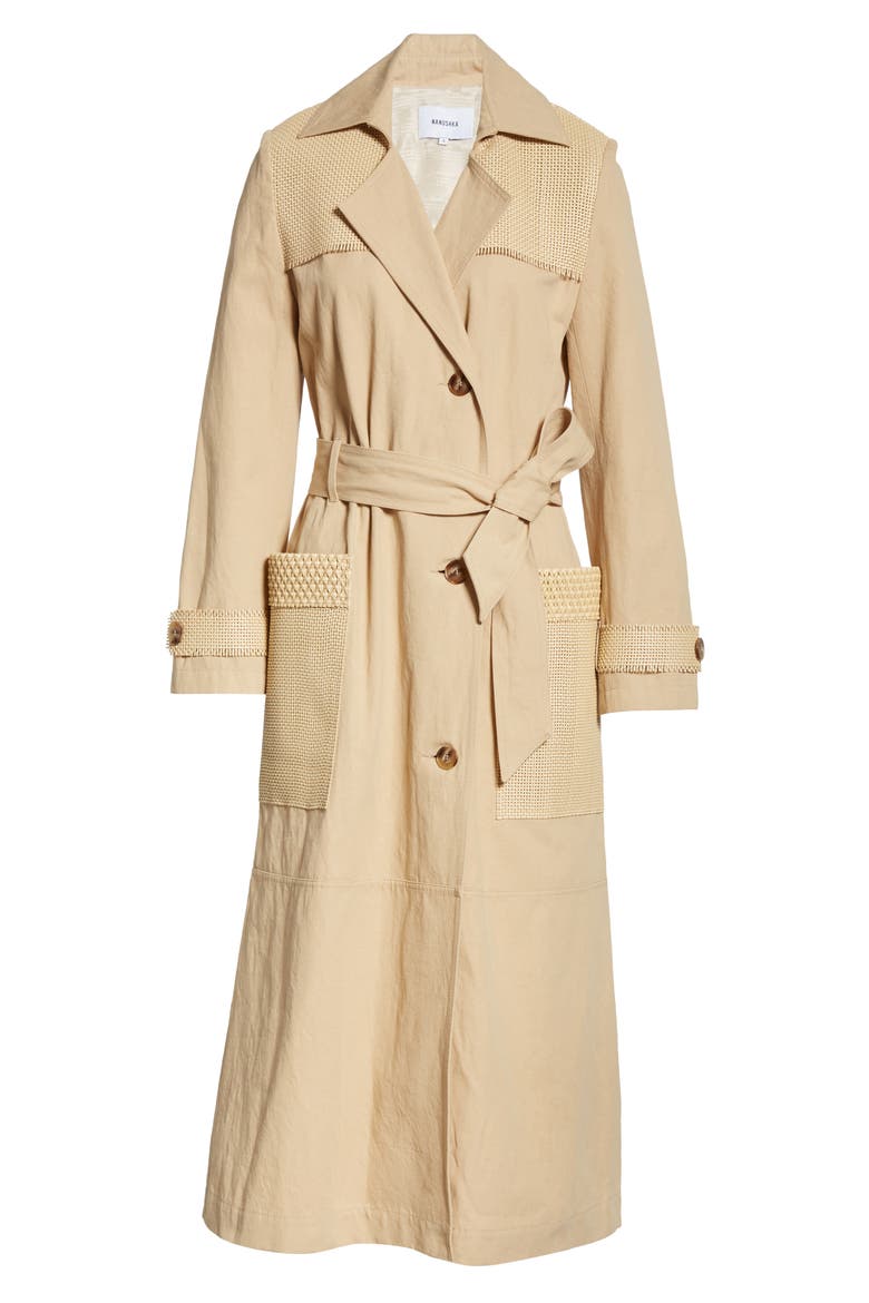 Alex Vegan Leather Trim Cotton & Linen Trench Coat, Alternate, color, SAND