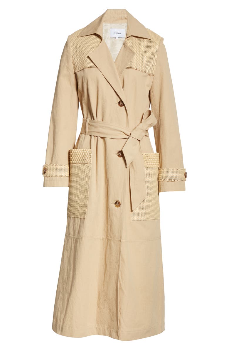 Nanushka Alex Vegan Leather Trim Cotton & Linen Trench Coat, Alternate, color,
