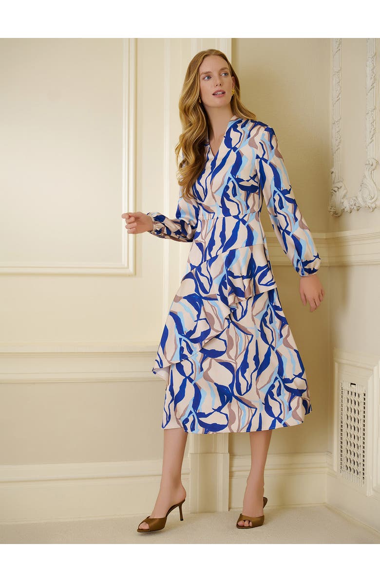 Misook Fit & Flare Printed Crepe de Chine Ruffle Maxi Dress, Alternate, color, Biscotti/Aegean Blue