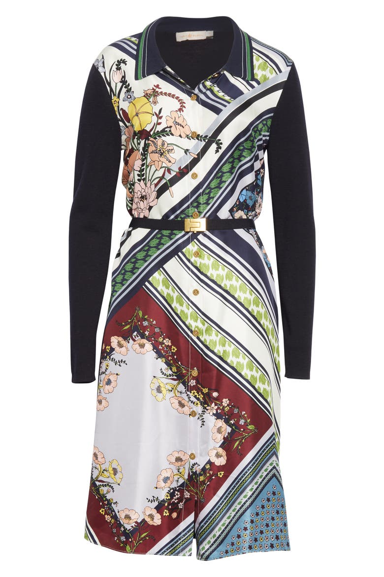 Silk Front Long Sleeve Shirtdress, Alternate, color, NAVY/ HOMAGE TO THE FLOWER