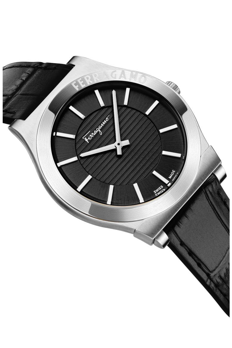 Gancini Swiss Quartz Leather Strap Watch, 42mm, Alternate, color, STAINLESS STEEL
