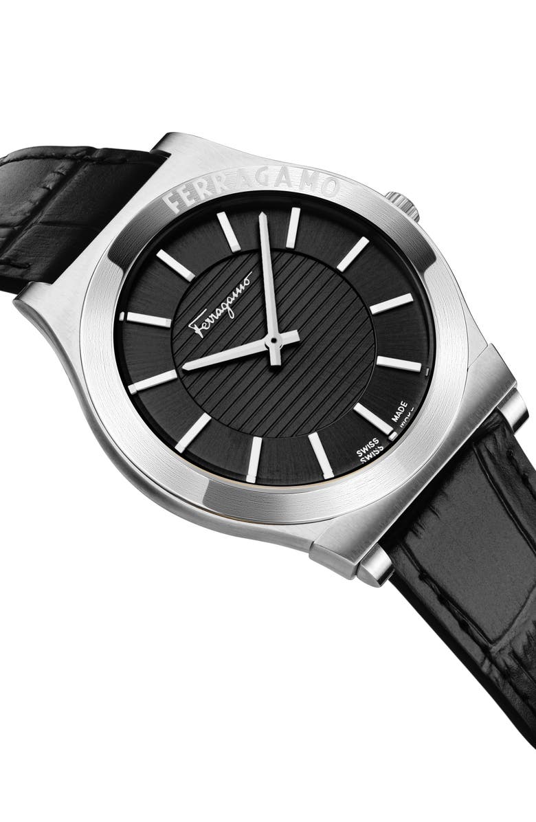 FERRAGAMO Gancini Swiss Quartz Leather Strap Watch, 42mm, Alternate, color, 