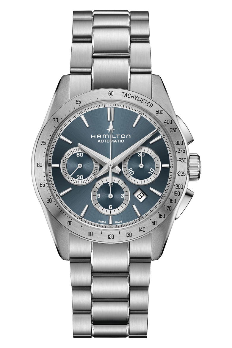 Jazzmaster Performer Automatic Bracelet Chronograph Watch, 42mm, Main, color, BLUE