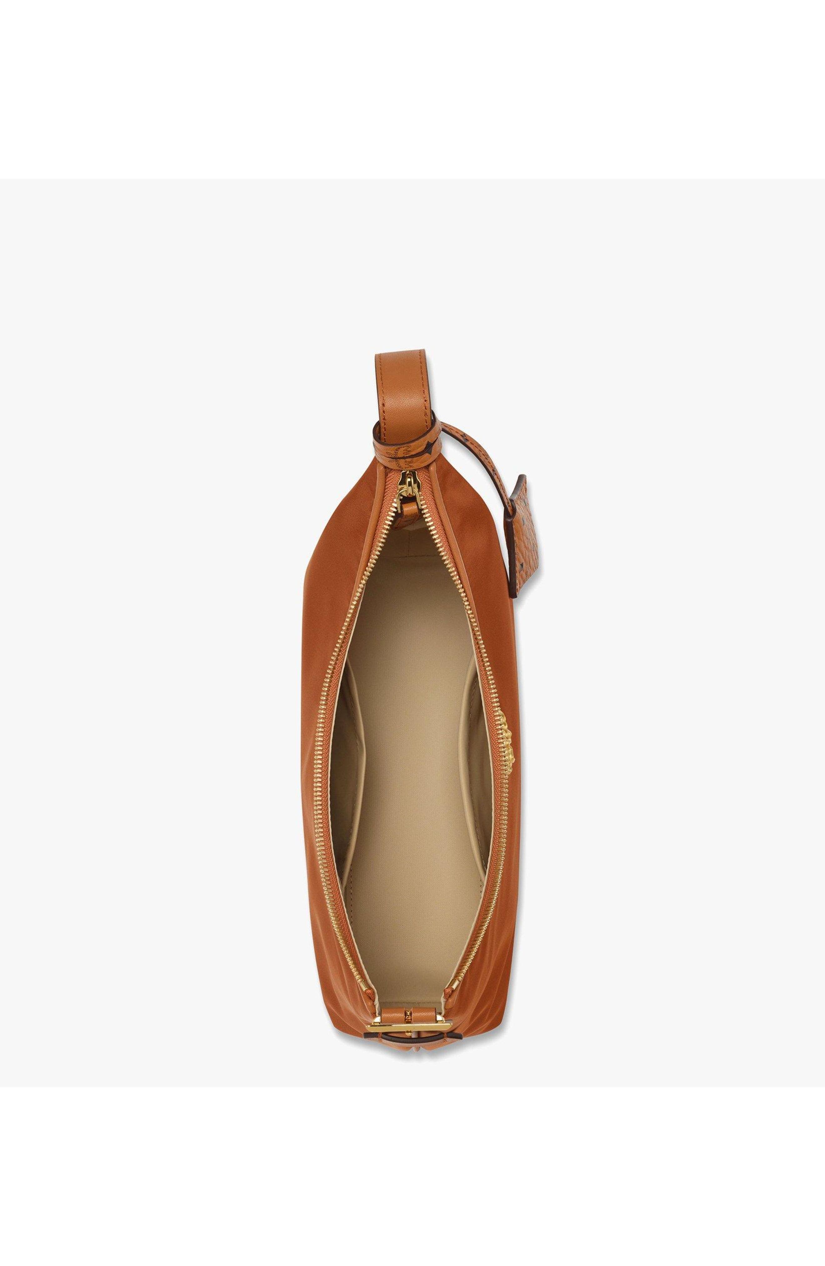 MCM Aren Hobo in Recycled Nylon and Monogram Print Leather, Alternate, color, Cognac