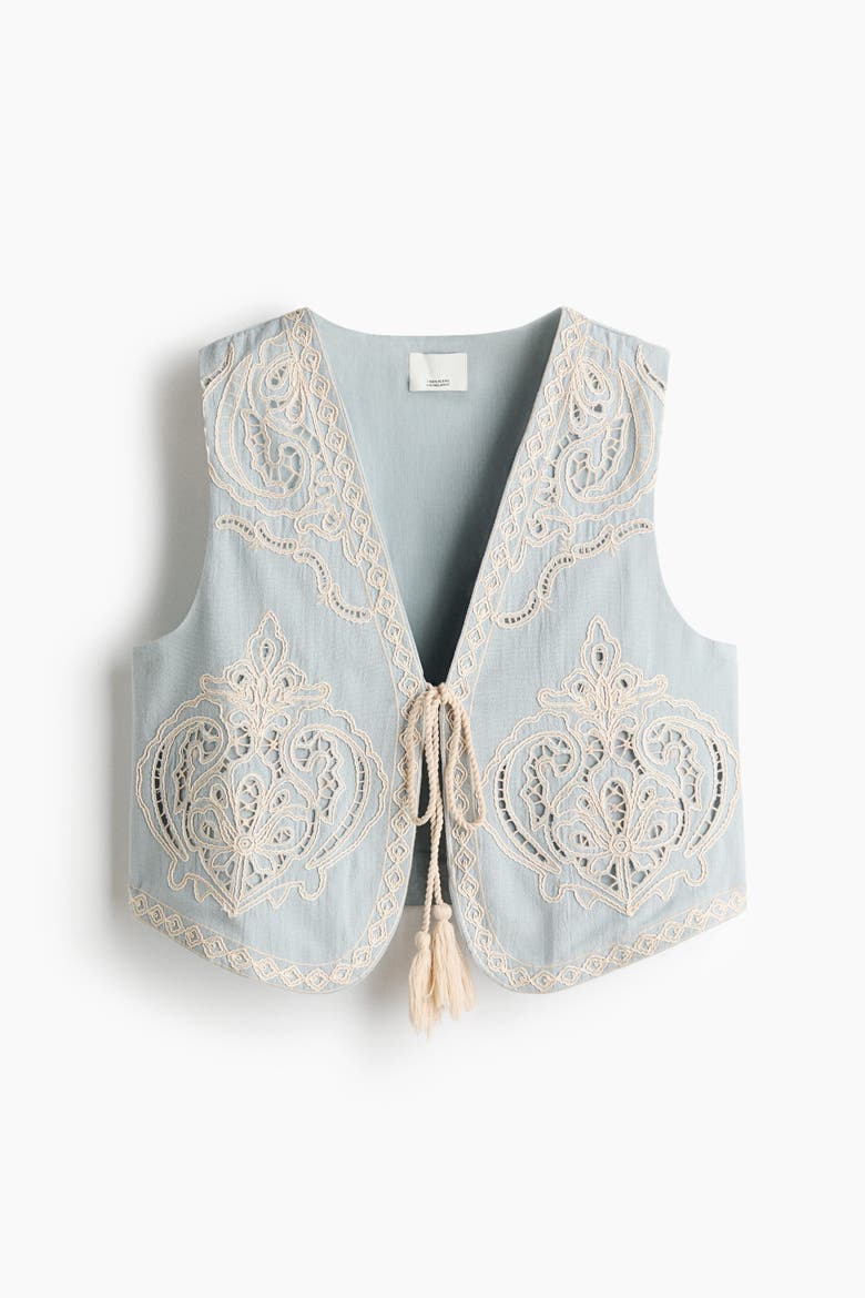 Linen-blend Vest With Eyelet Embroidery, Alternate, color, Light dusty blue/cream