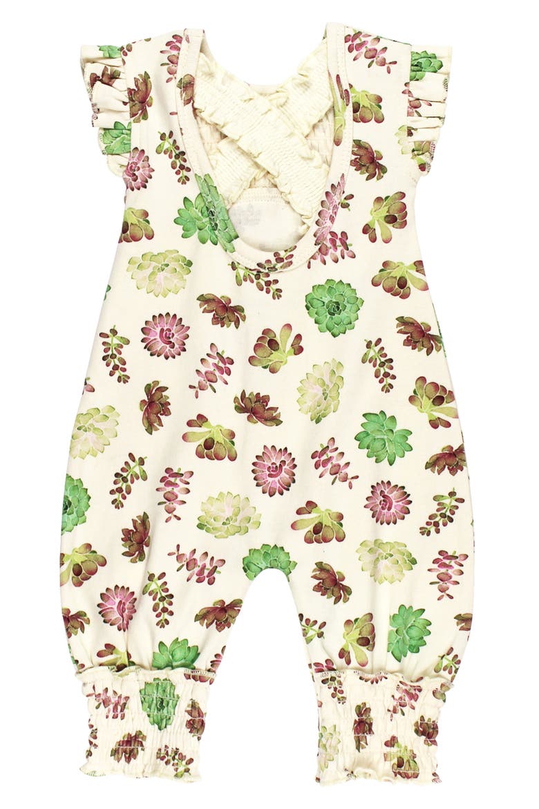 Cross Back Organic Cotton Romper, Alternate, color, BUTTERCREAM SUCCULENTS