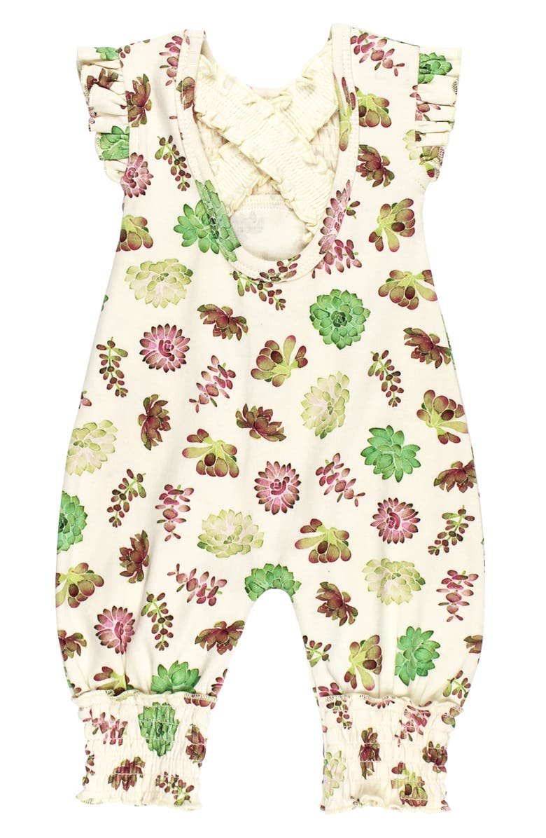 L'ovedbaby Cross Back Organic Cotton Romper, Alternate, color, Buttercream Succulents