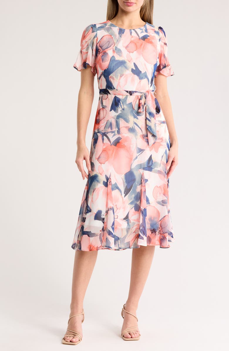 DKNY Floral Short Sleeve Godet Chiffon Midi Dress, Main, color, 