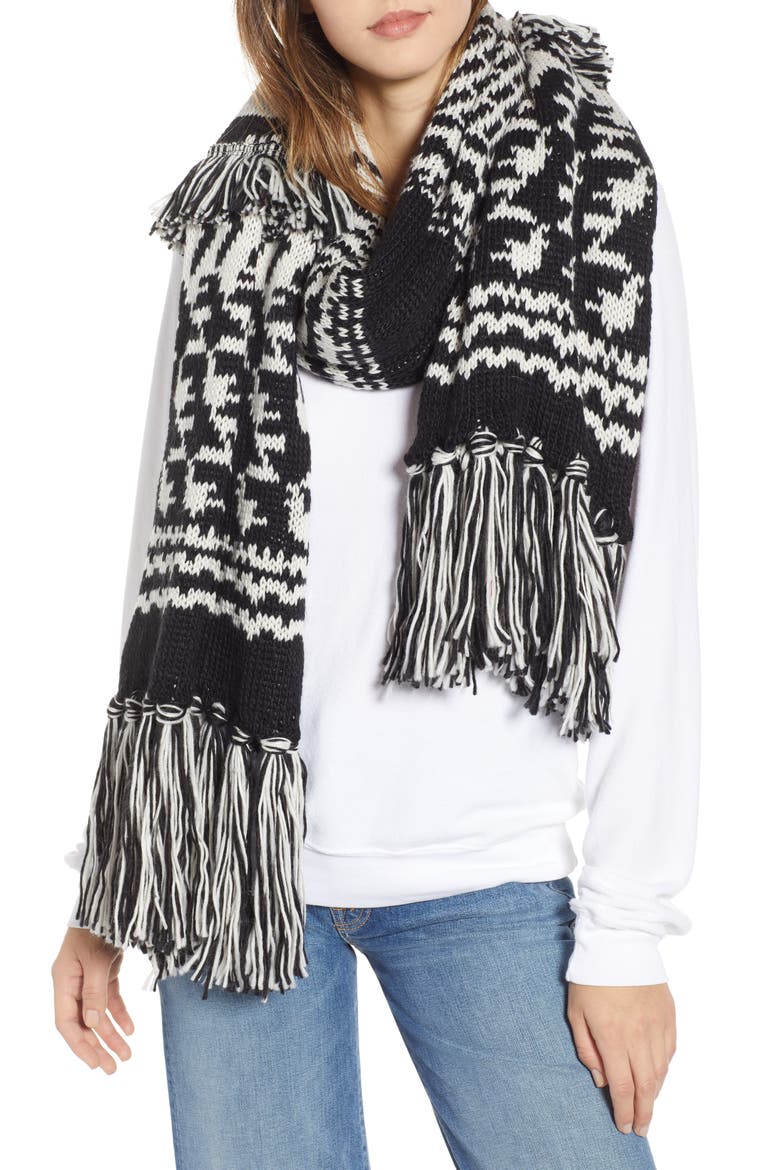 Mile High Fleece Fringe Scarf, Main, color, BLACK AND WHITE COMBO