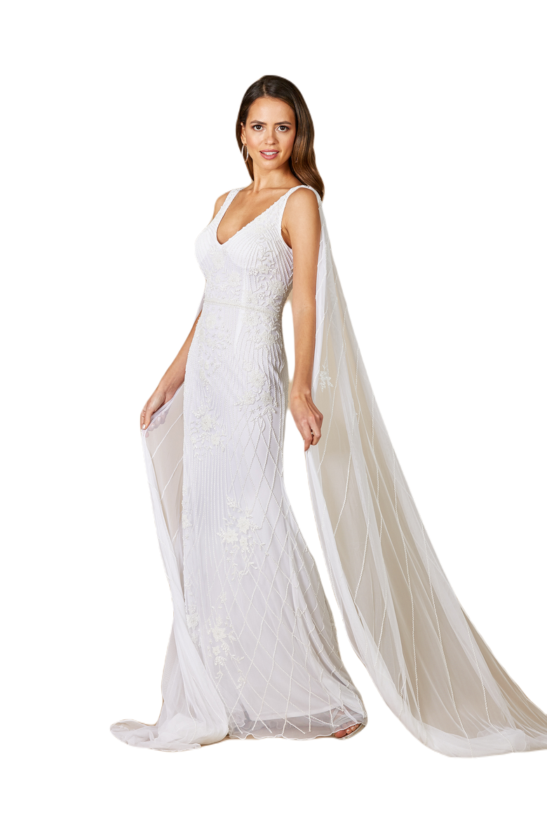 Gia Beaded Tank Wedding Dress with Streamers, Main, color, Ivory