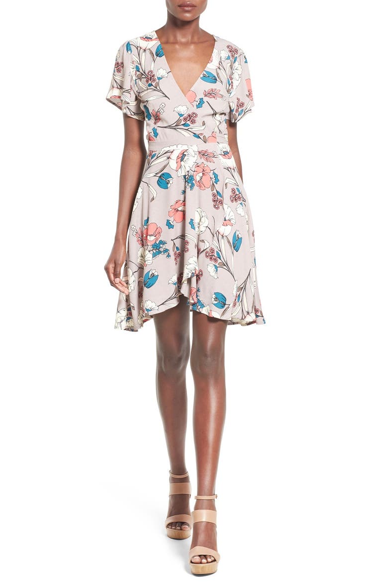 ASTR Floral Print Wrap Dress, Main, color, TAUPE MULTI FLORAL