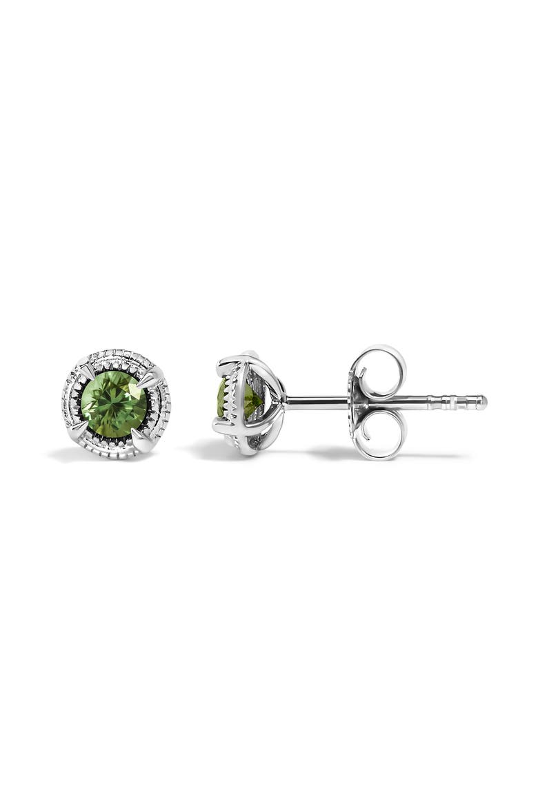 Silver 1/4 Ct Treated Colored Diamond Solitaire Milgrain Stud Earrings, Alternate, color, Green Diamond