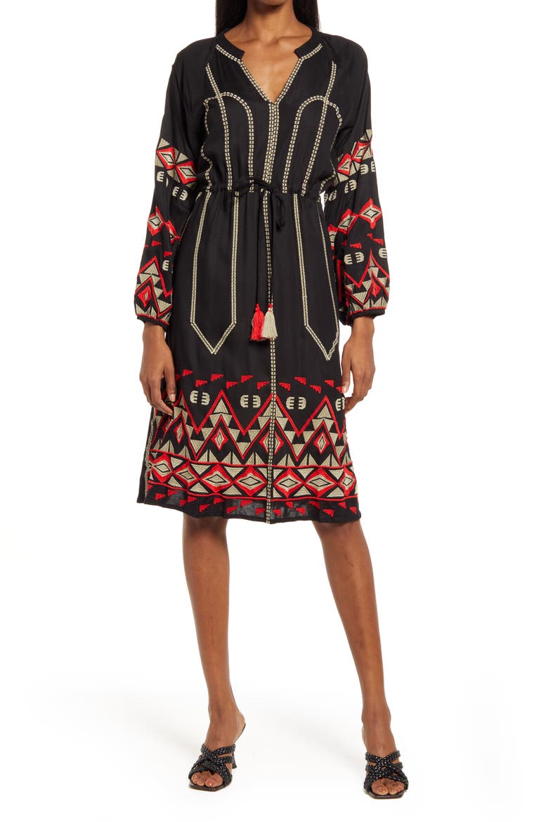 Bryant Embroidered Long Sleeve Dress, Main, color, BLACK