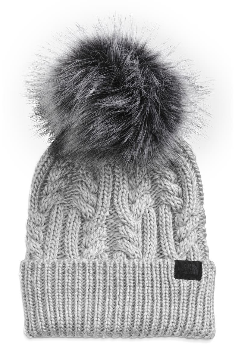 Oh Mega Faux Fur Pom Beanie, Main, color, TNF LIGHT GREY HEATHER