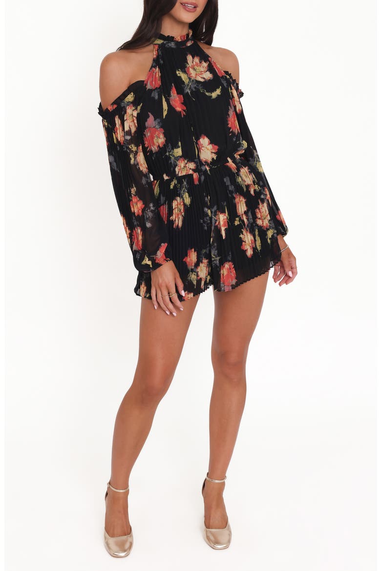 Hillary Floral Cold Shoulder Long Sleeve Romper, Main, color, BLACK FLORAL