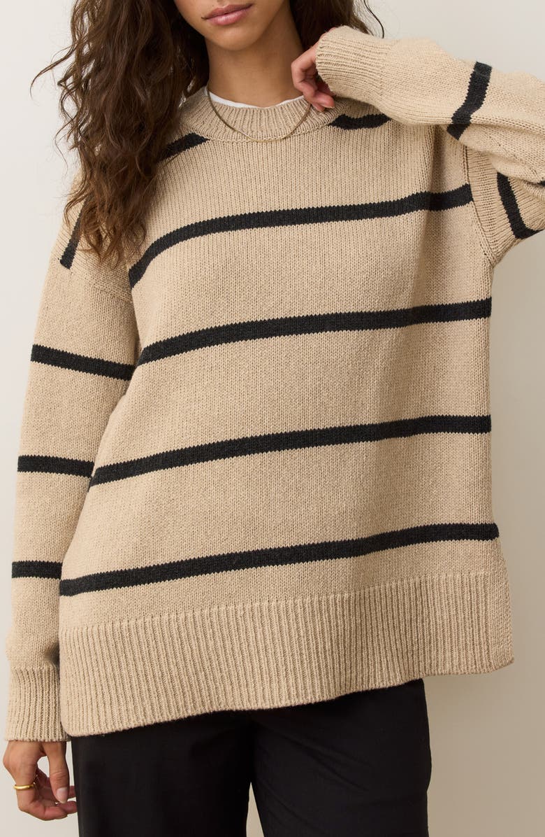 Marine Layer Berkeley Stripe Merino Wool Blend Sweater, Main, color, Oatmeal/ Charcoal Stripe